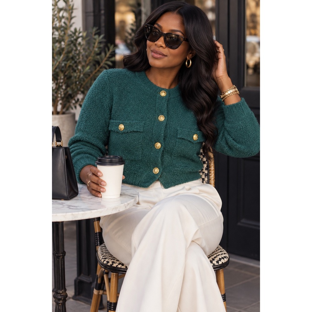 Marled Cardigan Sweater Womens Medium Green NEW Gold Button Knit 00611-TJMS